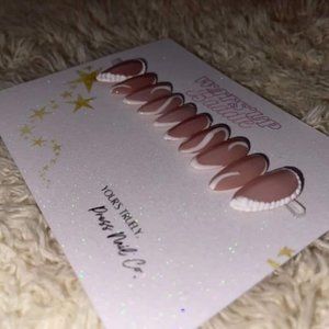 Classic nude white French tip swirl almond gelx pressons gift for her